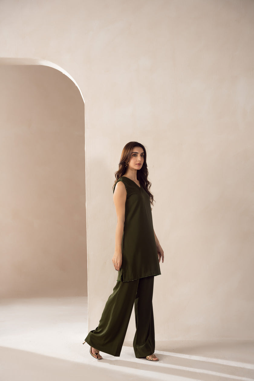 Forest Olive Georgette Co-Ord Set